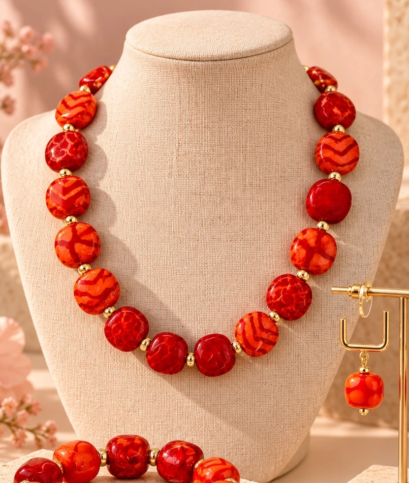 Fiery Coral necklace, bracelet and earrings