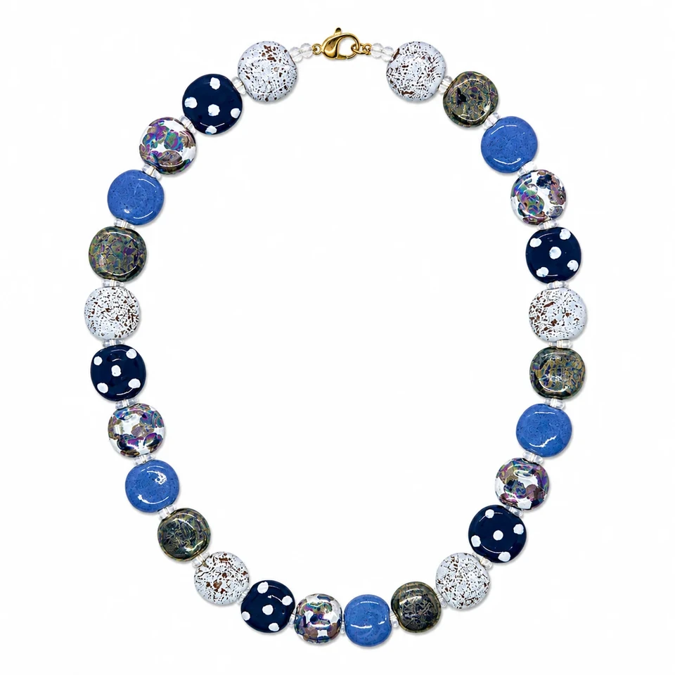 Cobalt Story statement necklace with multitone blue and patterned beads