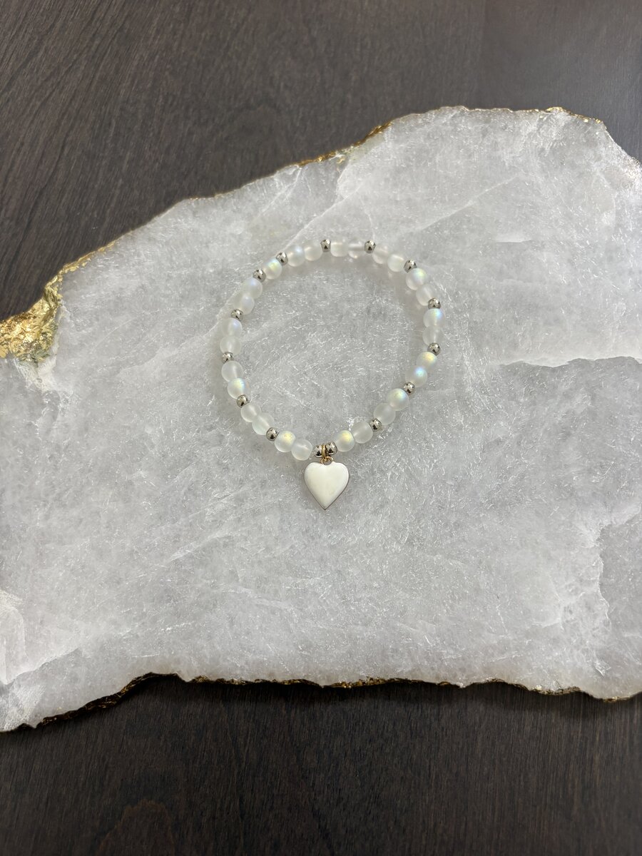 Frosted Bead Silver Heart Charm Bracelet