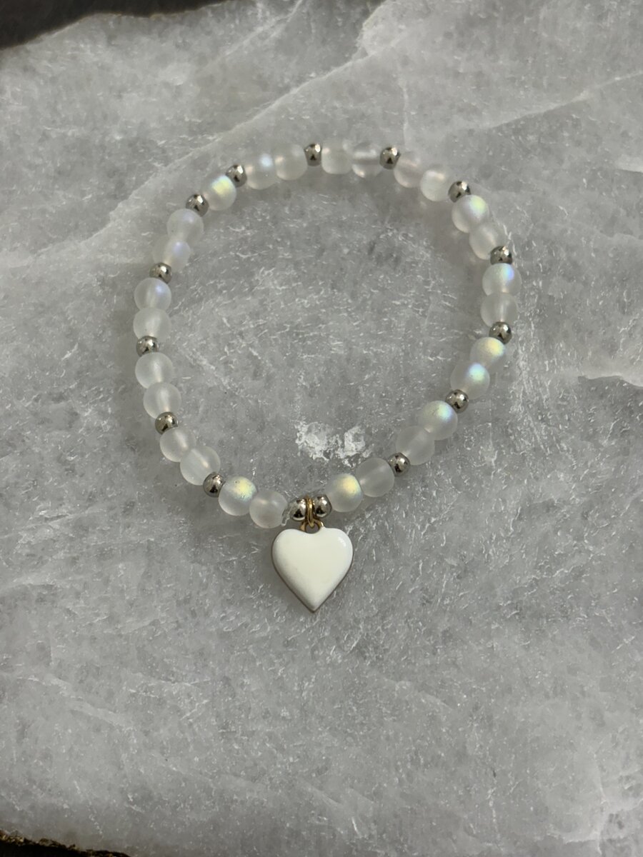 Frosted Bead White Enamel Heart Bracelet
