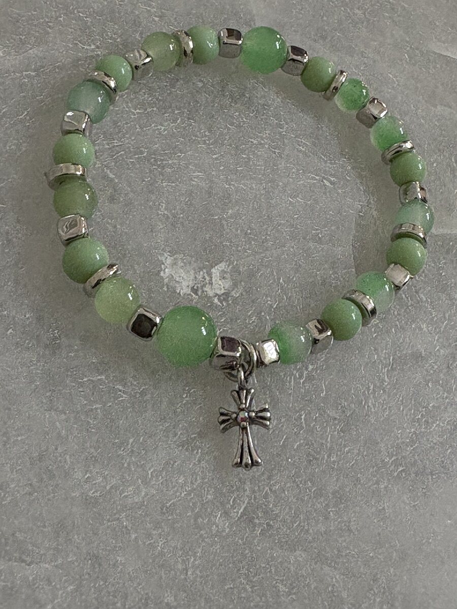 Green Jade & Silver Cross Charm Bracelet