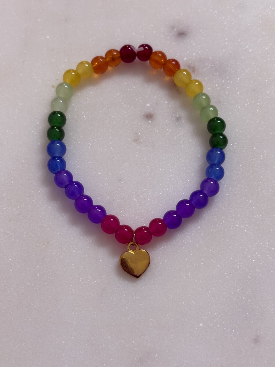 Rainbow Glass Bead Gold Heart Charm Bracelet