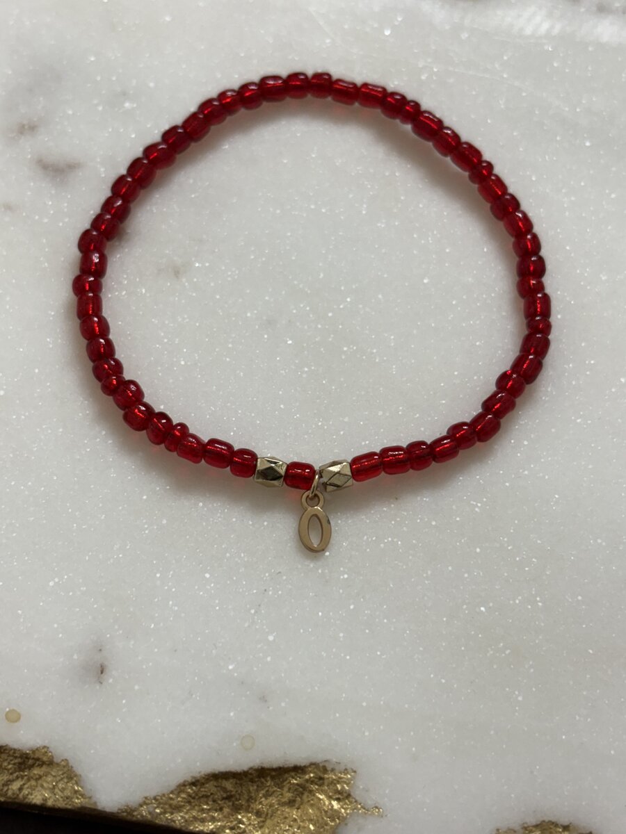 Red Seed Bead Initial Charm Bracelet