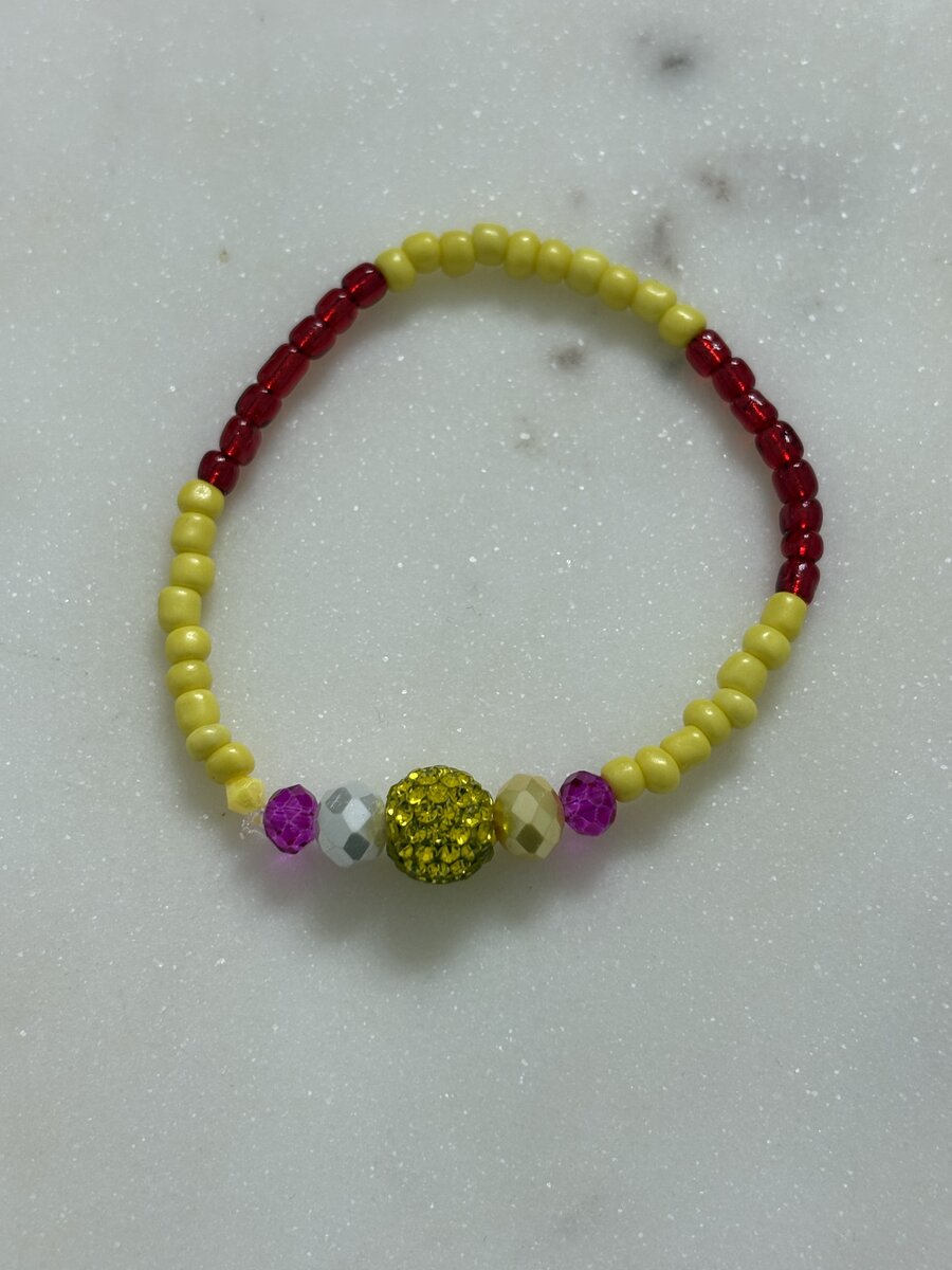 Yellow & Red Seed Bead Glitter Ball Bracelet